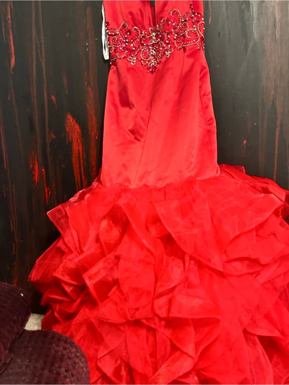 Red Ruffled Mermaid Prom Dress with Beaded Waist